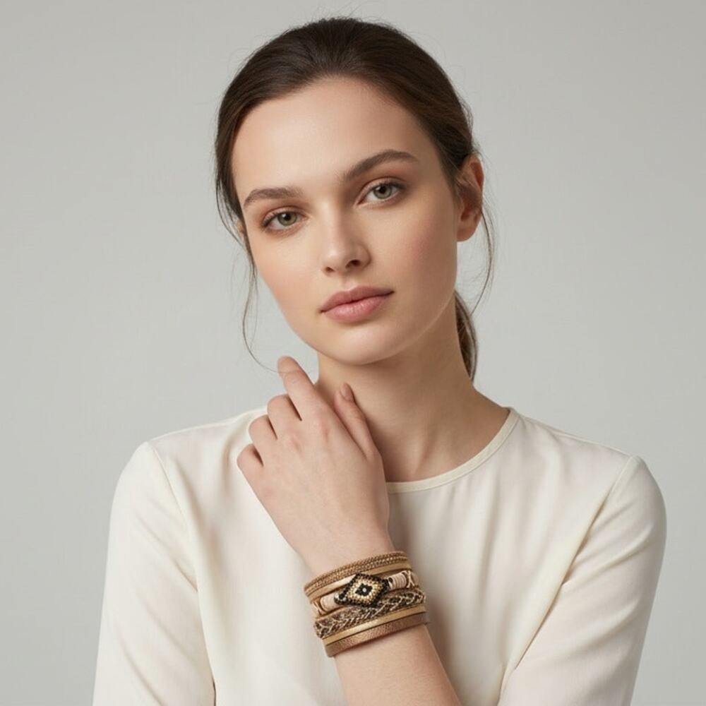Gallant & Grace Miyuki Evil Eye Leather Wrap Bracelet Bohemian Wide Boho Tan